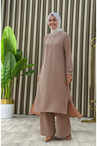 Tesettür İkili Takım Uzun Tunik Bol Paça Pantolon 4006-bej Bej