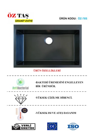 Öztaş ÖZ-78s Granit Mutfak Eviye Siyah Tek Gözlü 50 x 78 CM
