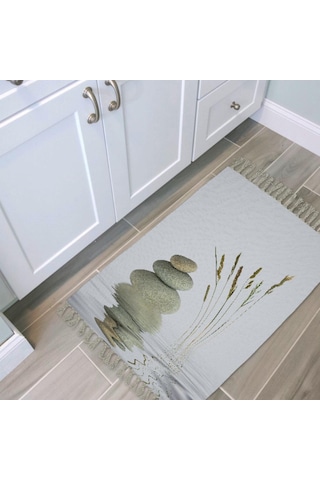 Banyo Halısı Dijital Baskılı Banyo Paspası 50x80 Polyester Kaymaz Tabanlı Duş Paspası Stone And Reed Beyaz - Siyah