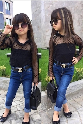Turuncu Gardrop Üst Güpür Bluz Alt Kot Pantolon Kemerli Kız Çocuk Takım Çok Renkli