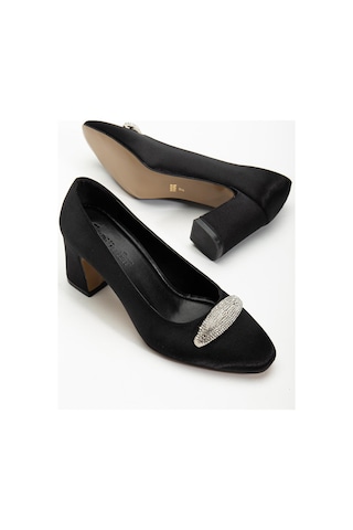 Kadın Siletto Topuklu Ayakkabı Siyah Saten Taşlı Kalın Topuklu-4166 Siyah
