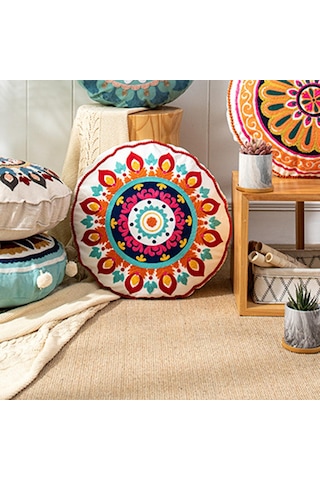 Suntek Yuvarlak Yer Yastık Minderi İşlemeli Bohem Patchwork