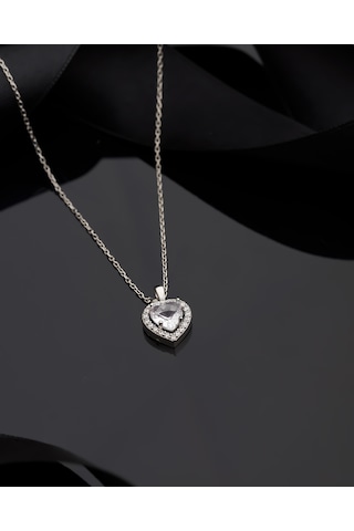925 Ayar Zirkon Taşlı Rodyum Pırlanta Görünümlü Kalp Gümüş Kolye Gümüş - Rodyum