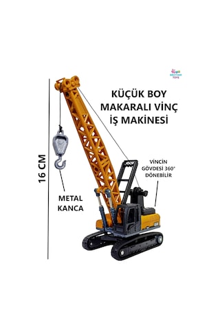 Vinç Sarılır Makaralı Metal Kancalı İpli Oyuncak İş Makinesi Paletli İş Makinası 16 Cm.