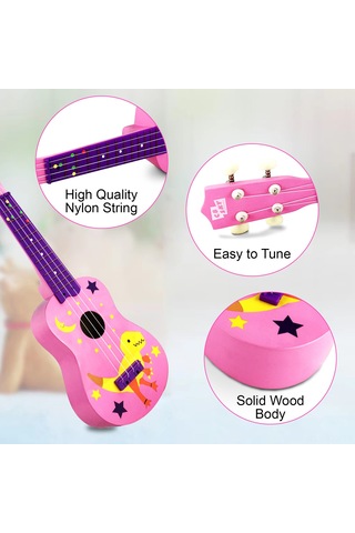 Yaozixa 21 İnç Pembe Dinozor Ukulele - 324mm Tel Uzunluğu/12 Perde/4 Beyaz Nilon Tel - Çocuklar İçin Başlangıç Seviye Muzik Aleti