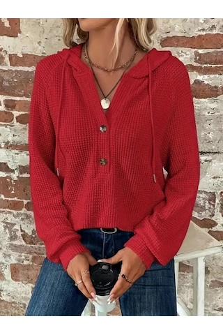 Efnaz Style Kadın Uzun Kollu Kapşonlu Önü Düğmeli Ve Bağcıklı Waffle Bluz Kırmızı