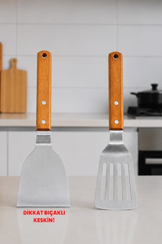 2 Adet Japon Spatula Seti - Delikli Ve Bıçaklı - Profesyonel 304 Kalite - Ahşap Akasya Saplı - Dekoratif Paslanmaz Çelik