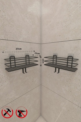 Güçlü Yapışkanlı Metal Kancalı Siyah Banyo Rafı 2 Adet Siyah