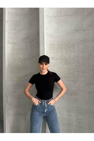 Kadın Basic Bisiklet Yaka Slim Fit Body Kısa Kol Günlük Body SIYAH