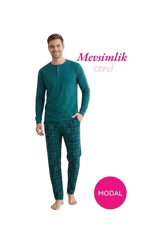 Guava Modal 3 Düğmeli Ekose Desenli Erkek Pamuk Likra Mevsimlik Manşetli Uzun Kollu Cepli Pijama Takımı Yeşil