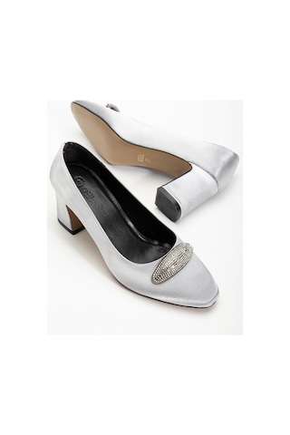Kadın Siletto Topuklu Ayakkabı Gümüş Saten Taşlı Kalın Topuklu-4168 GUMUS