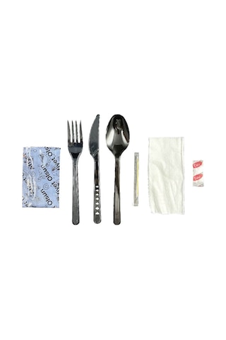 Kullan At Yemek Seti 7'li Çatal , Bıçak , Kaşık , Kürdan , Peçete , Islak Mendil , Tuz 50 Adet Siyah