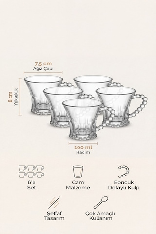 6 Lı Boncuk Kulplu Cam Bardak Seti 100 Ml, Yükseklik 8 Cm, Ağız Çapı 7,5 Cm Şık Tasarım Şeffaf