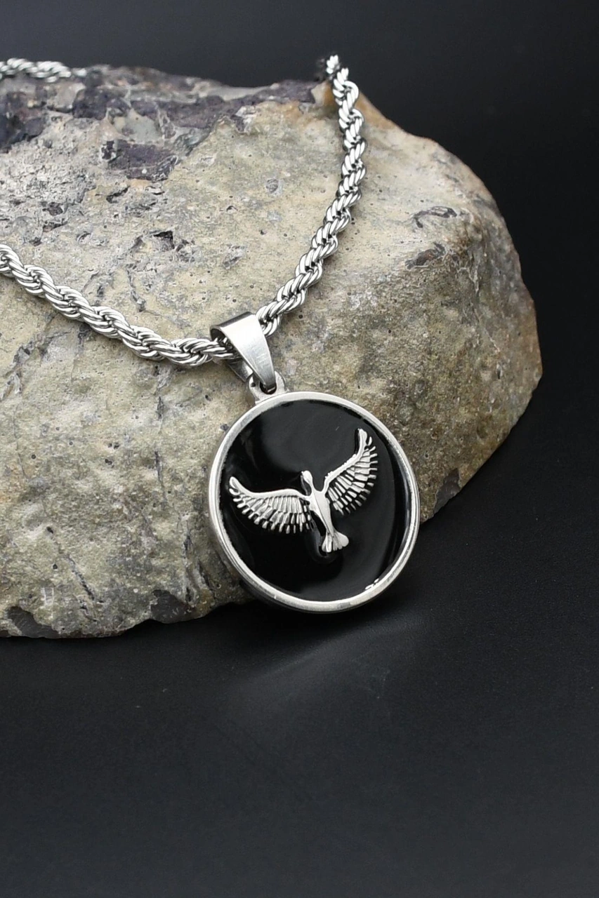 Anka Kuşu - Kartal Figürlü Kolye Paslanmaz Çelik Zincir 3mm 902301 Gümüş