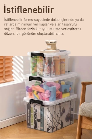 İronika 3'lü Saklama Kabı Yatay Dikdörtgen Kilitli Kapaklı Çok Amaçlı Oyuncak Saklama Kutusu 5-7,5-10 Litre Şeffaf