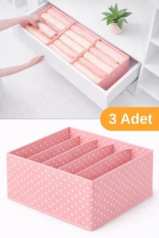 Serstil 3 Adet - 5 Bölmeli Dolap Ve Çekmece Içi Düzenleyici Saklama Kutusu Organizer - Pembe Benekli Pembe Puantiye