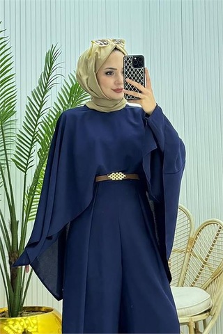 Neşeli Butik Kadın Pelerinli Kemer Detaylı Tesettür Tulum Nms061 Saks