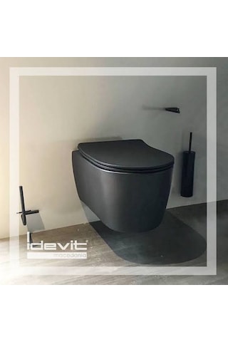 İdevit Alfa Kanalsız Rimless Mat Siyah Asma Klozet ve Kapak Mat Siyah Ultra Slim