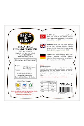 Beyaz Elmas Çifte Kavrulmuş Lokum 250 Gr - Antep Fıstıklı Geleneksel Türk Lokumu - Kuruyemişli Premium Lokum