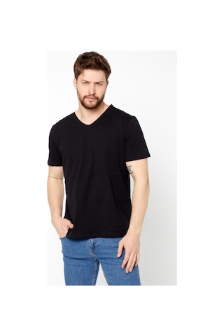 Erkek Indigo %100 Pamuk Basıc Regular Fit Pamuklu Kısa Kollu V Yaka T-shirt SIYAH