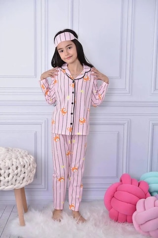 Lillypicca Kız Çocuk Desenli Pamuklu Önden Düğmeli Göz Bantlı Uzun Kol Pijama Takımı 9012 Somon