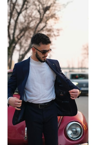 Dupont Classics Dupont Slim Fit Sivri Yaka 6 Drop Çift Yırtmaç Torba Cep Puntolu 2'li Takım Elbise Lacivert