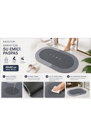 Sihirli Su Emici Banyo Paspası Kaymaz Tabanlı Paspas 40 60 Cm Gri
