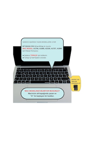 Macbook Pro Touch Bar Türkçe Q Klavye Koruyucu Silikon Keyboard Cover 13-15 İnç Uyumlu A1706 A1