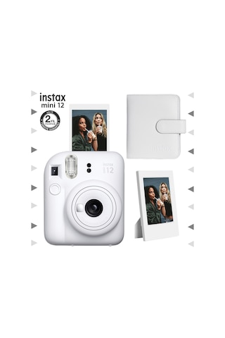 Fujifilm Instax Mini 12 Fotoğraf Makinesi + Çerçeve + 64'lü Kare Albüm Beyaz