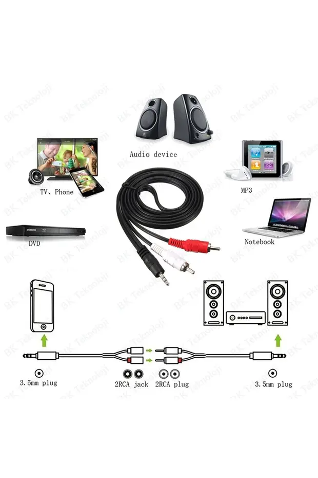 1.5 Metre 3.5mm 2rca Jak Kablosu Stereo Splitter Aux Profesyonel Av Kablosu Dvd Tv Cd Ses Kablosu 1.5 M