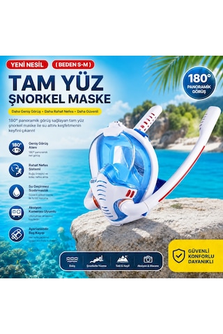 Hymark Çift Tüplü Şnorkel Maskesi S-m Beden Tam Kuru Dalış Yüzme Maskesi Full Face Dalış Gözlüğü Beyaz - Mavi