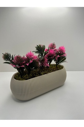 Uzun Bej Renk Saksıda Yapay Çiçek Pembe Iğneli Çam Demeti Dekoratif Mutfak Banyo Masa Çiçeği 21x9x7 - Pembe