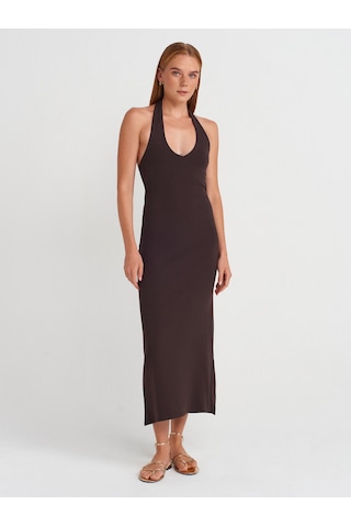 Dilvin 91476 Halter Yaka Midi Elbise-koyu Kahve Koyu Kahve