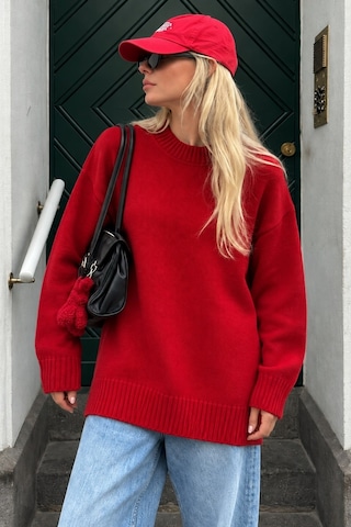Madmext Kırmızı Bisiklet Yaka Oversize Uzun Kadın Triko Kazak Mg2890