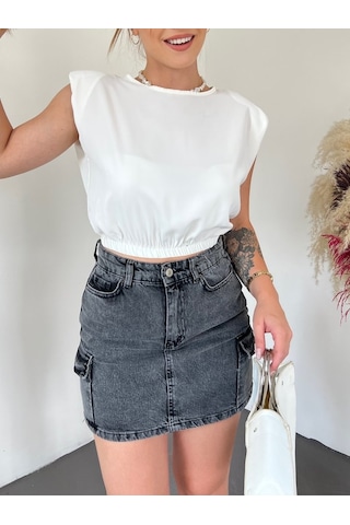 Omuzları Vatkalı Beli Lastikli Bluz -beyaz Karışık