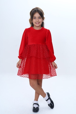 Toontoy Kız Çocuk Kadife Kat Kat Fırfır Detaylı Elbise Kırmızı