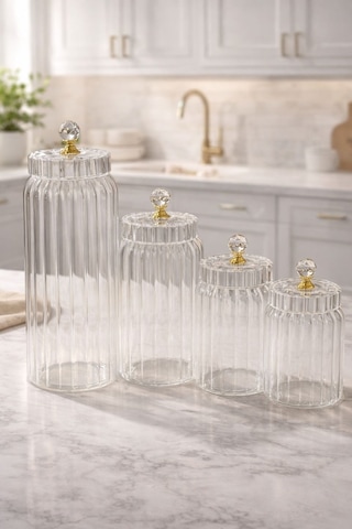 Qerhome 3'lü Borosilikat Cam Optik Çizgili Kristal Gold Kapaklı Kavanoz Seti 630 Ml Şeffaf