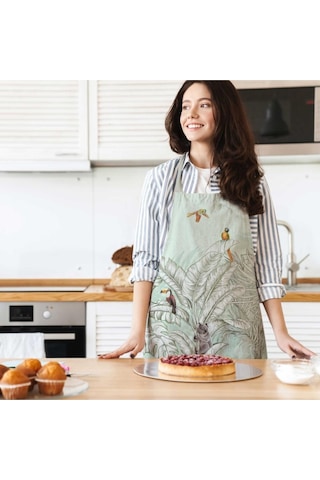 Renkli Palmiye Yaprak Detaylı Mutfak Önlüğü -keten Kumaş, Uluslararası Yıkama Ve Solmama Sertifikası Çok Renkli