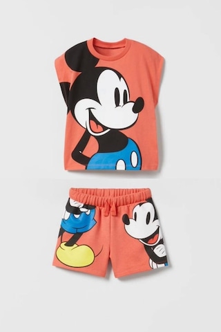 Unisex Çocuk Mickey Mouse Baskılı Pamuklu Bisiklet Yaka T- Shirt Ve Şort Alt Üst Takım Somon