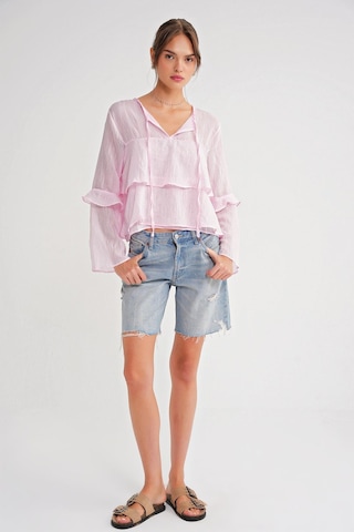 4735 Kadın Uzun Kollu Fırfırlı Bağlamalı Bluz Pembe Pembe