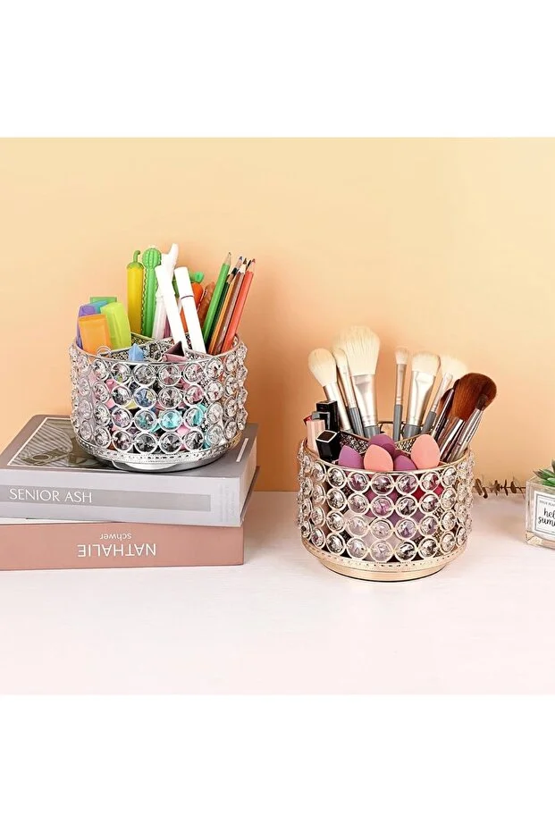 Chacha Home Kristal Taşlı 4 Bölmeli Metal Makyaj Fırçalık Ve Takı Düzenleyici Stand 15x11 Cm - Lüks Masaüstü Organizer Rose Gold