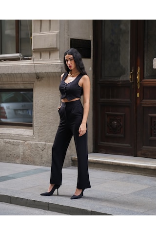 Kadın Crep V Yaka Yelek Ve Pantolon Takım Siyah