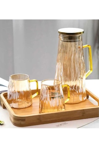 Qerhome Borosilikat Cam Sürahi Takım Elio 6 Bardaklı Gold 1800 Ml