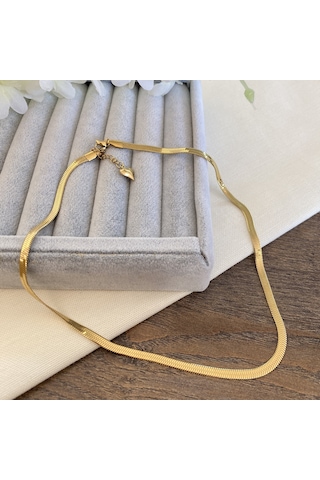 İtalyan Zincir Kolye Yassı Balıksırtı Model Yüksek Kalite 316 L Çelik Gold 42+5 Cm