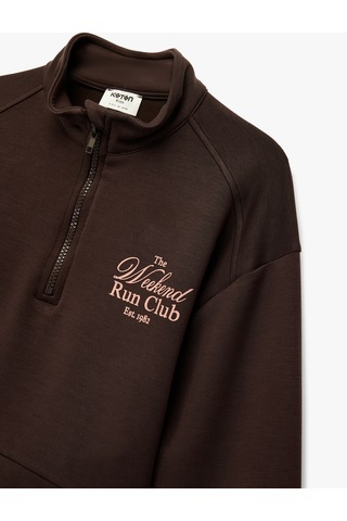Koton Modal Karışımlı Uzun Kollu Yarım Fermuarlı Baskılı Oversize Sweatshirt Kahverengi 6wkg10284ak Kahve