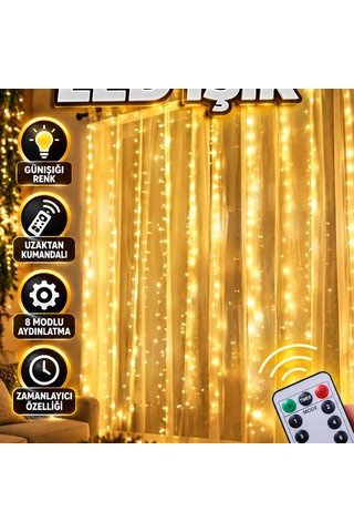 3x3 Metre Günışığı Perde Peri Led Uzaktan Kumandalı, 8 Modlu, Zamanlayıcılı Usb Aydınlatma