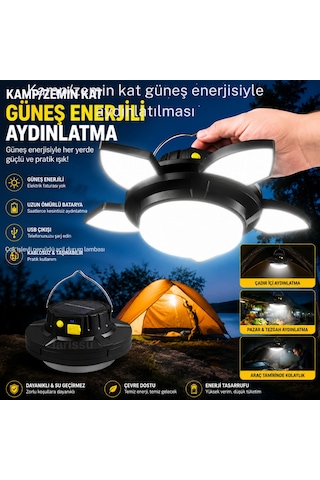 Güneş Enerjili Katlanabilir Led Kamp Lambası- 4000 Mah Powerbank Özellikli Siyah