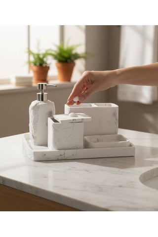 5 Parça Lüx Laduree Stonea Beyaz Silver Tepsili Banyo Seti-5651