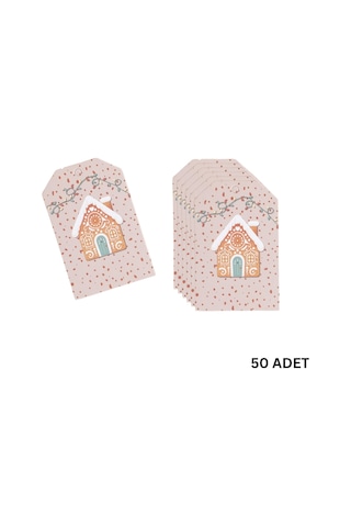 Yılbaşı Ev Temalı Hediye Etiketi, Yeniyıl, Noel Delikli Paketleme Kartı, 50 Adet-4.8x7.5 Cm, Krem