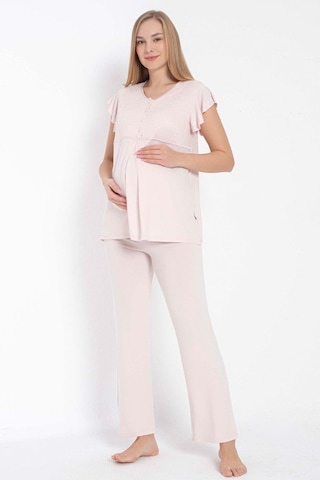 Kısa Kol Bisiklet Yaka Kadın Viskon Dantel Detaylı Hamile Pijama Takımı Sabahlık